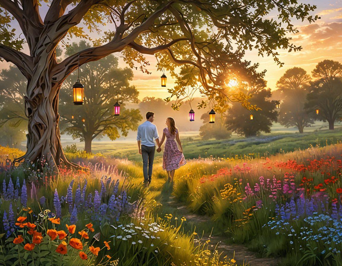 A romantic landscape featuring a couple exploring a vibrant field of wildflowers, surrounded by soft, warm sunlight. They are joyfully engaged in a playful moment, showcasing connection and affection. In the background, a whimsical tree with colorful lanterns hangs overhead, symbolizing pleasure and adventures together. Incorporate elements of love with hearts subtly integrated into the scene. super-realistic. vibrant colors. dreamy atmosphere.