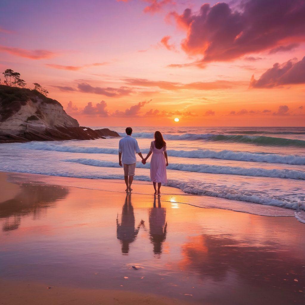 A warm, glowing scene of a couple holding hands while walking along a picturesque beach at sunset, with gentle waves lapping at their feet. The background features vibrant hues of orange, pink, and purple in the sky, symbolizing romance and intimacy. Include delicate heart-shaped clouds drifting above and soft lanterns illuminating a cozy picnic setup nearby. Inspired by impressionist painting style, capturing the essence of joy and connection.
